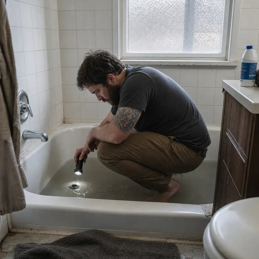 Man crouching in a bathtub of standing water, shining a flashlight at the slow drain