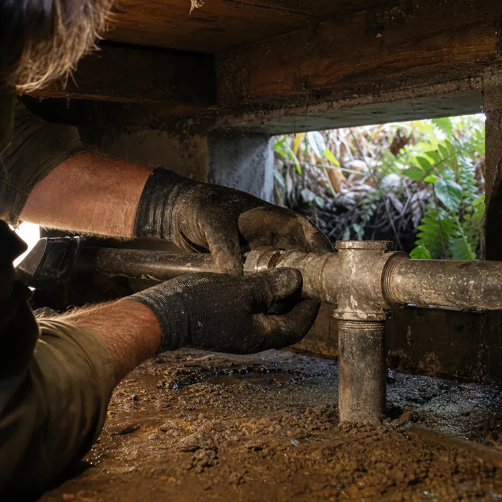 Gloved hands tightening a corroded galvanized pipe fitting in a muddy crawl space