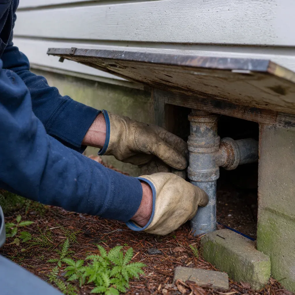 Gloved hands working on an old cast iron drain pipe at a crawl space opening beneath a house with white siding