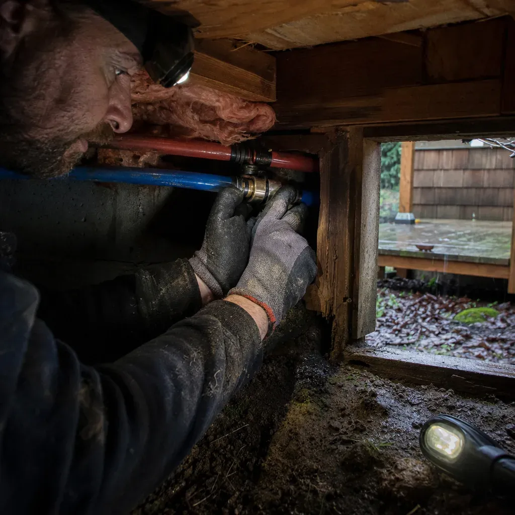 Plumber wearing a headlamp connecting red and blue PEX water lines in a crawl space