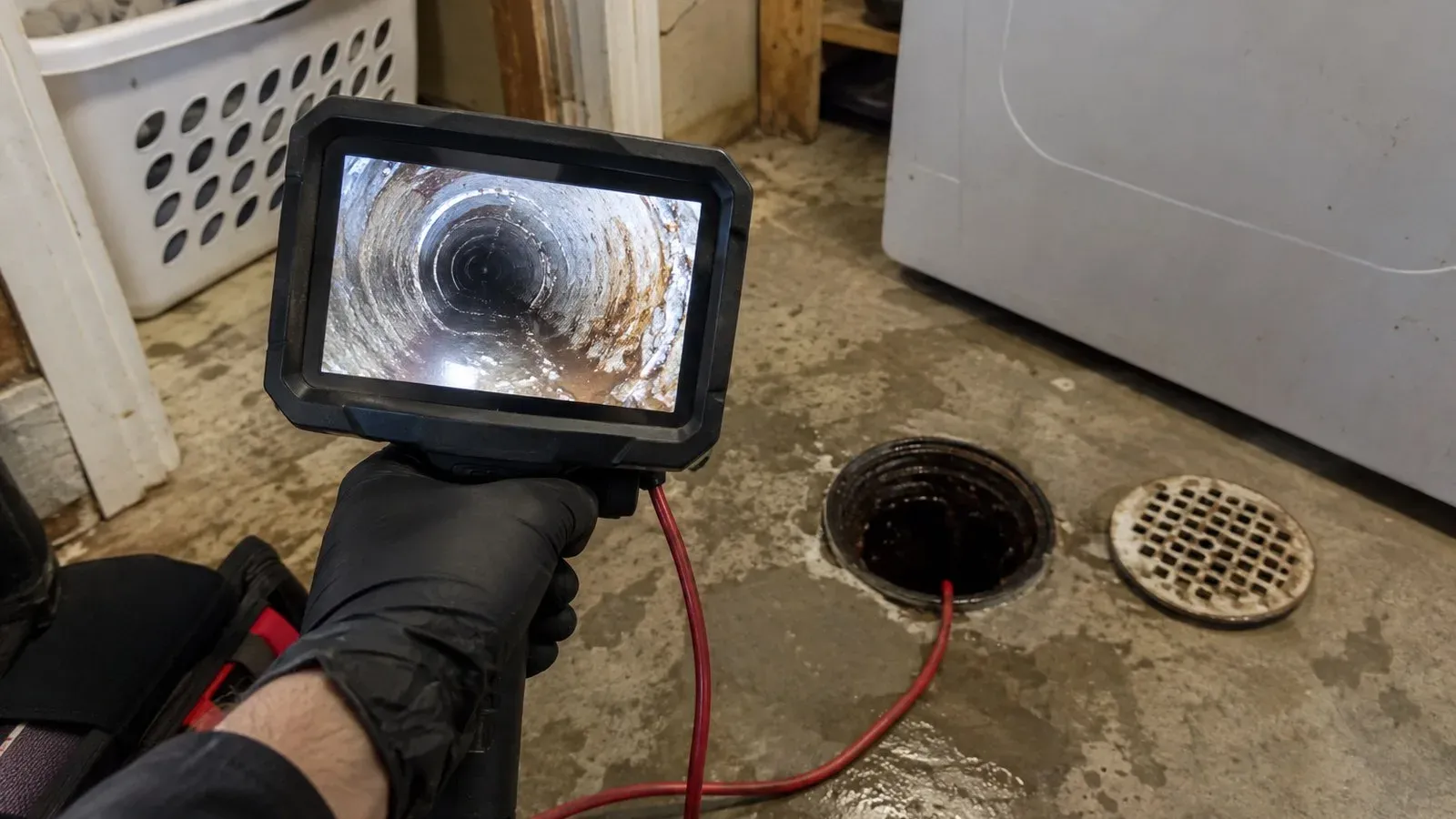 Plumber feeding a drain camera into a floor drain next to the laundry area of an Oak Grove home