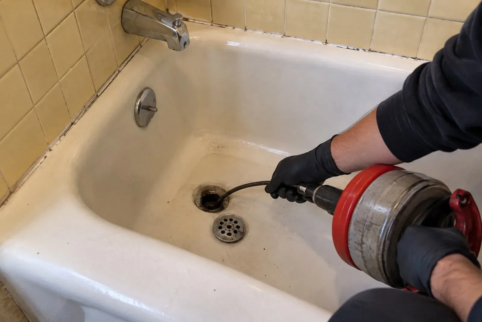 Plumber using a hand drain auger to clear a clogged bathtub drain in an Oak Grove home