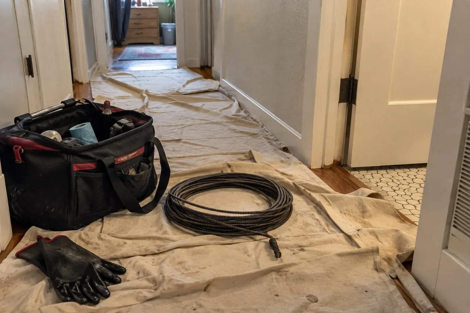 Drop cloth, drain cable and tool bag laid out in a hallway before drain cleaning in an Oak Grove home