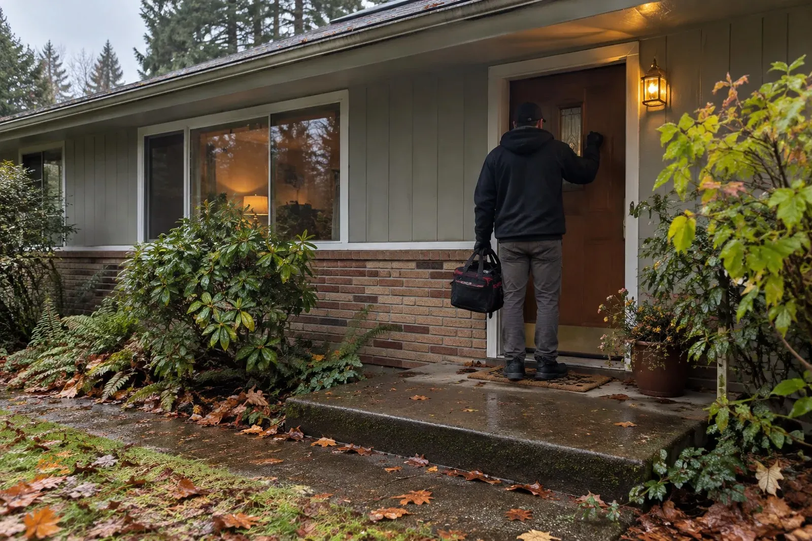 Wild Pine Plumbing plumber arriving at the front door of a ranch home near Bunnell Park in Oak Grove