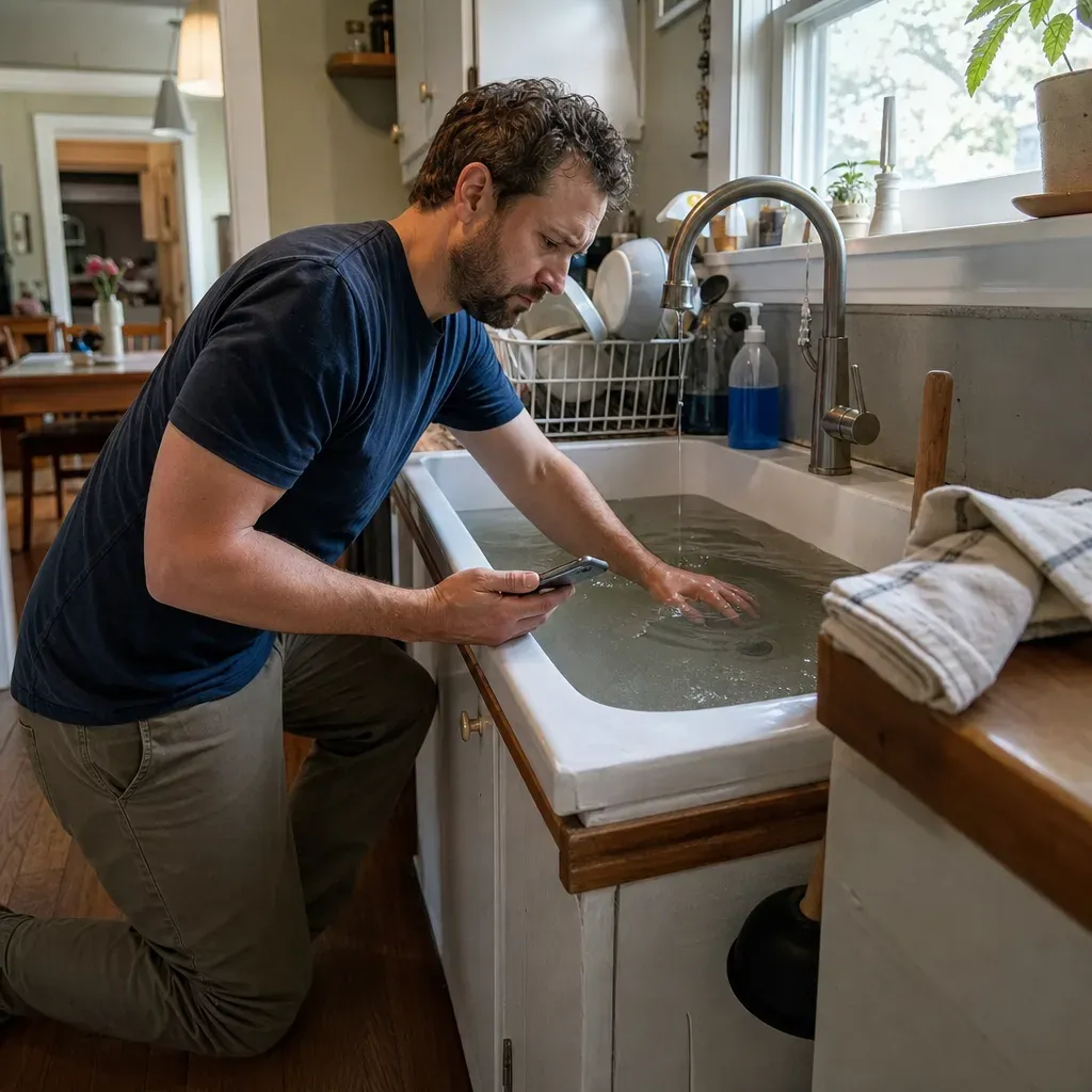 Man kneeling at a kitchen sink full of standing water, checking his phone beside the slow drain