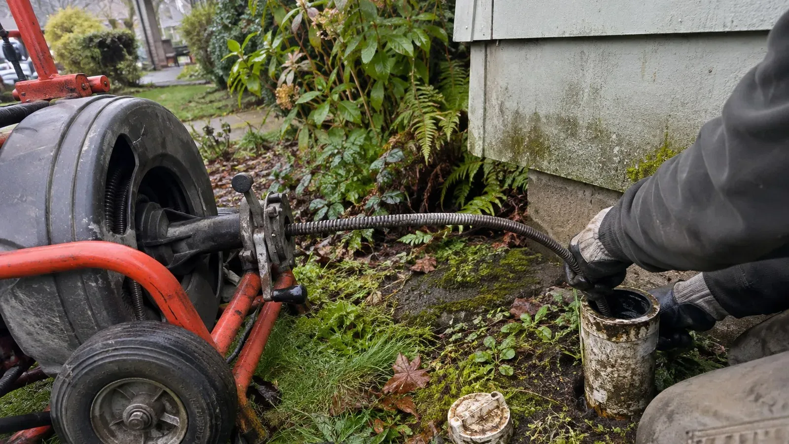 Wild Pine Plumbing plumber running a drain cleaning machine into an outdoor cleanout at a Milwaukie, OR home
