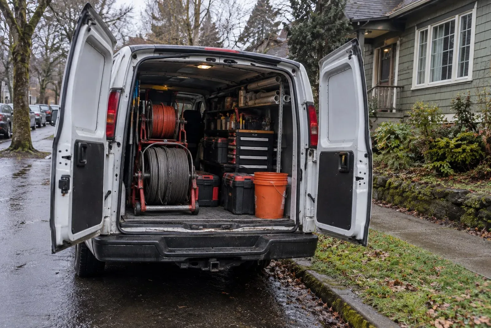Wild Pine Plumbing service van with drain cleaning equipment parked on a residential street in Milwaukie