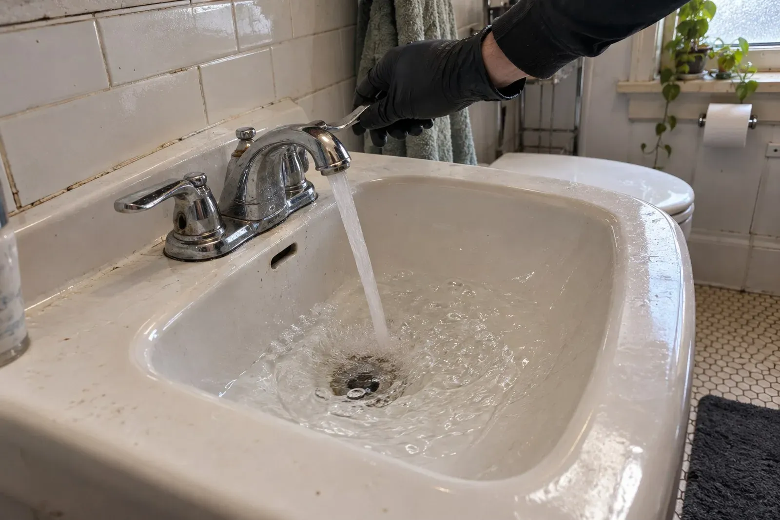 Bathroom sink draining freely after drain cleaning in a Milwaukie home
