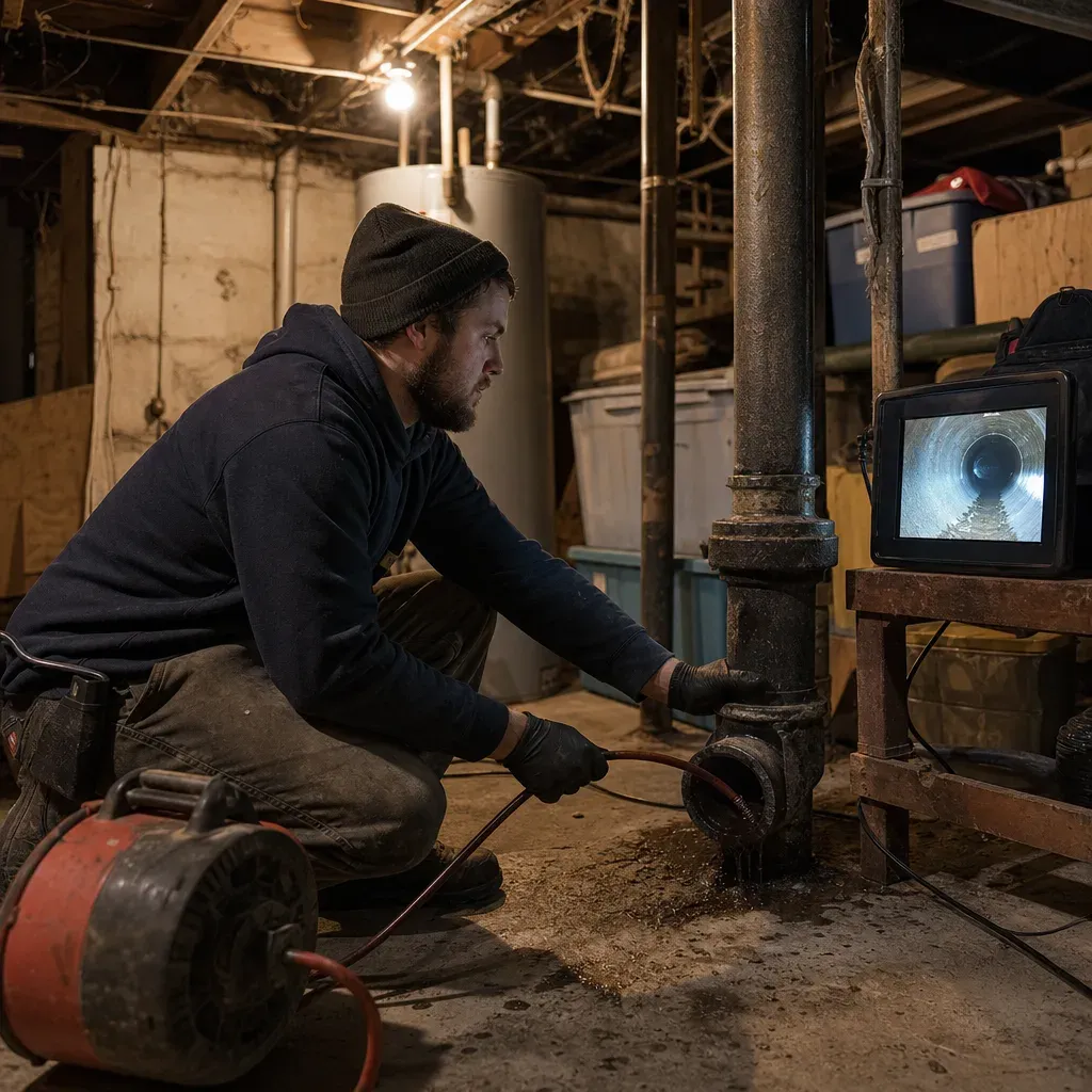 Plumber feeding a drain line into a basement cleanout while a monitor shows the inside of the pipe