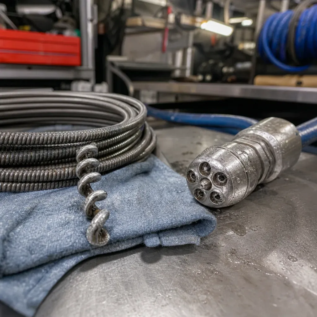 Coiled drain snake cable with a spiral auger tip next to a multi-jet hydro-jetting nozzle on a workbench