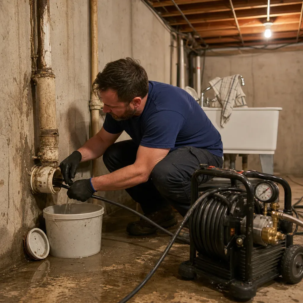 Plumber running a hydro-jetting hose into a basement drain cleanout, with the jetter unit on the floor beside him