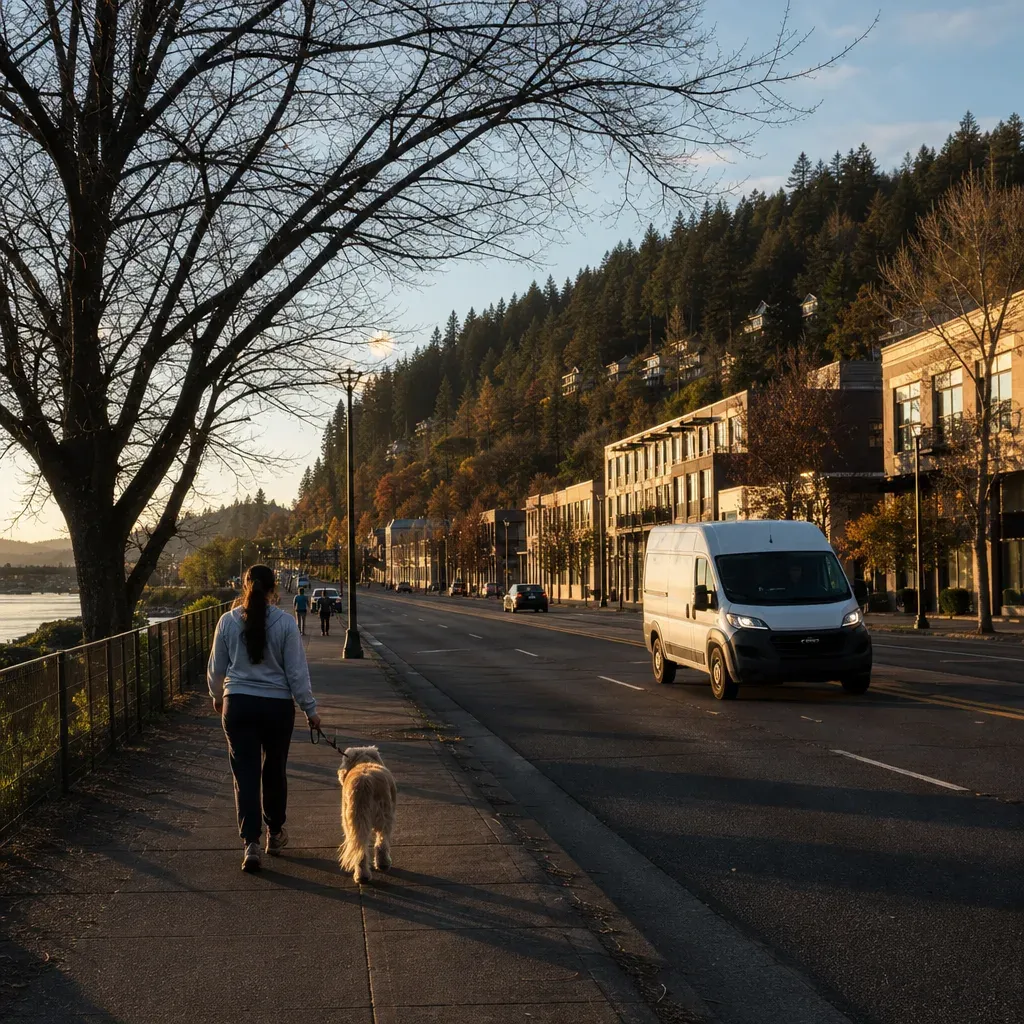Woman walking a dog along a riverside sidewalk at sunset as a white van drives past buildings below a forested hillside