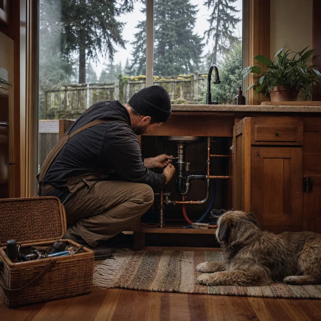 Plumber kneeling to repair copper supply lines and a black drain pipe under a wooden kitchen sink while a dog rests nearby