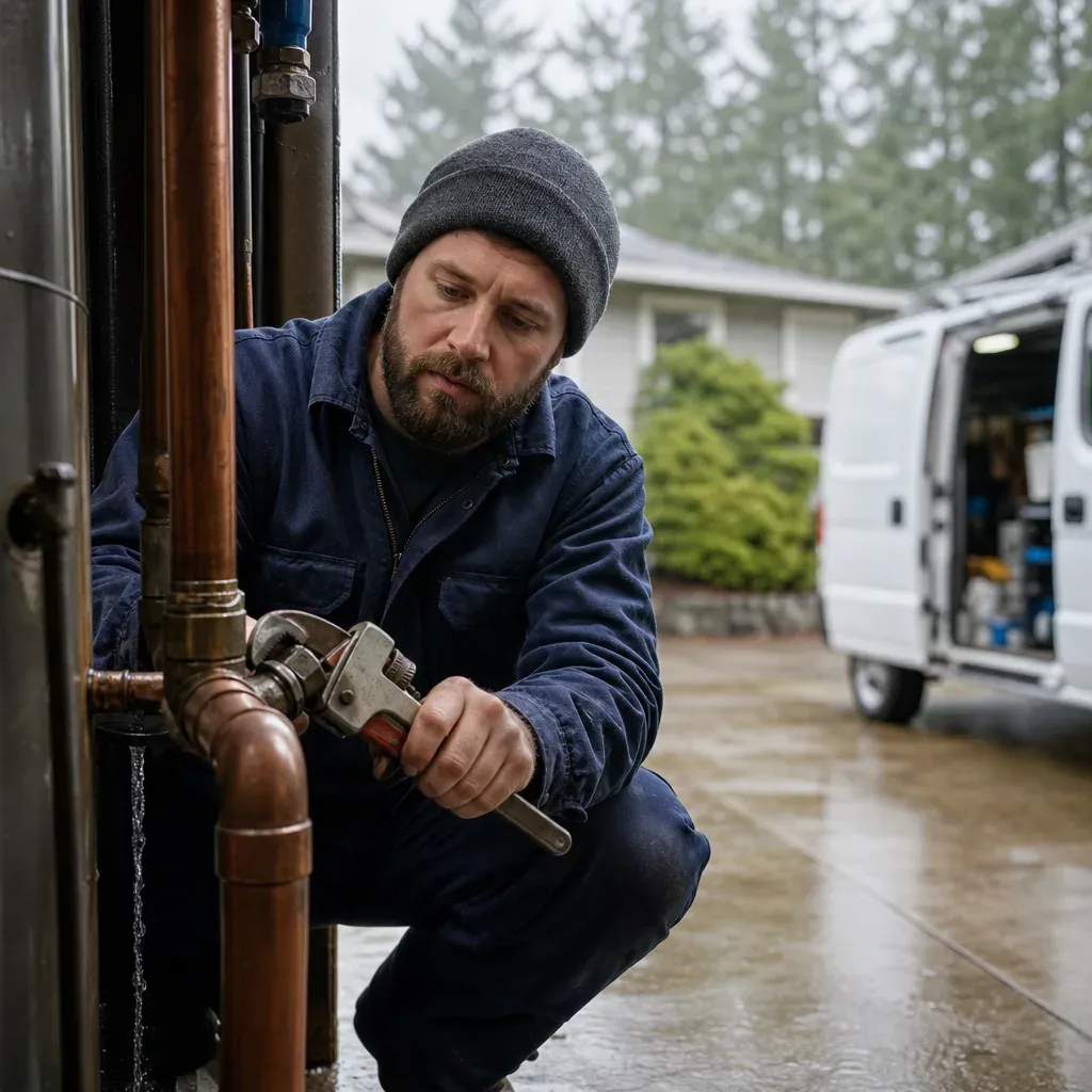 Plumber using a pipe wrench on copper water heater pipes, with a white work van open in a wet driveway behind him