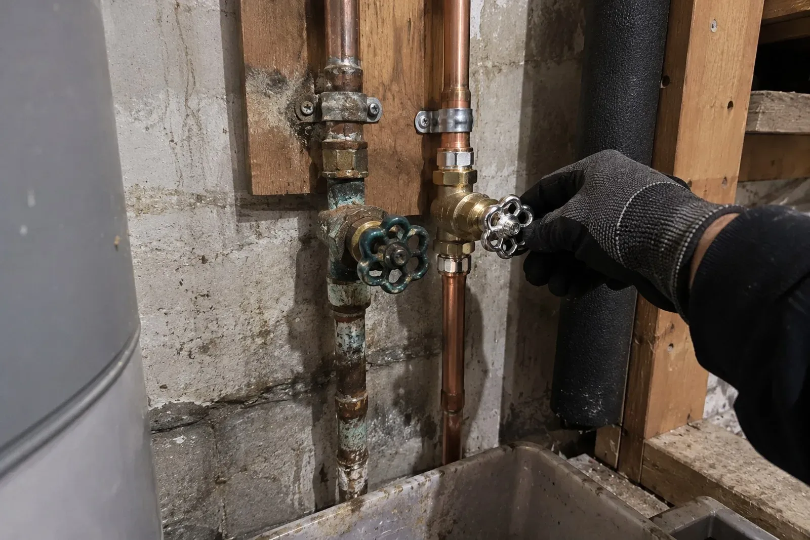 Plumber turning a valve on the copper water supply line in a Portland basement