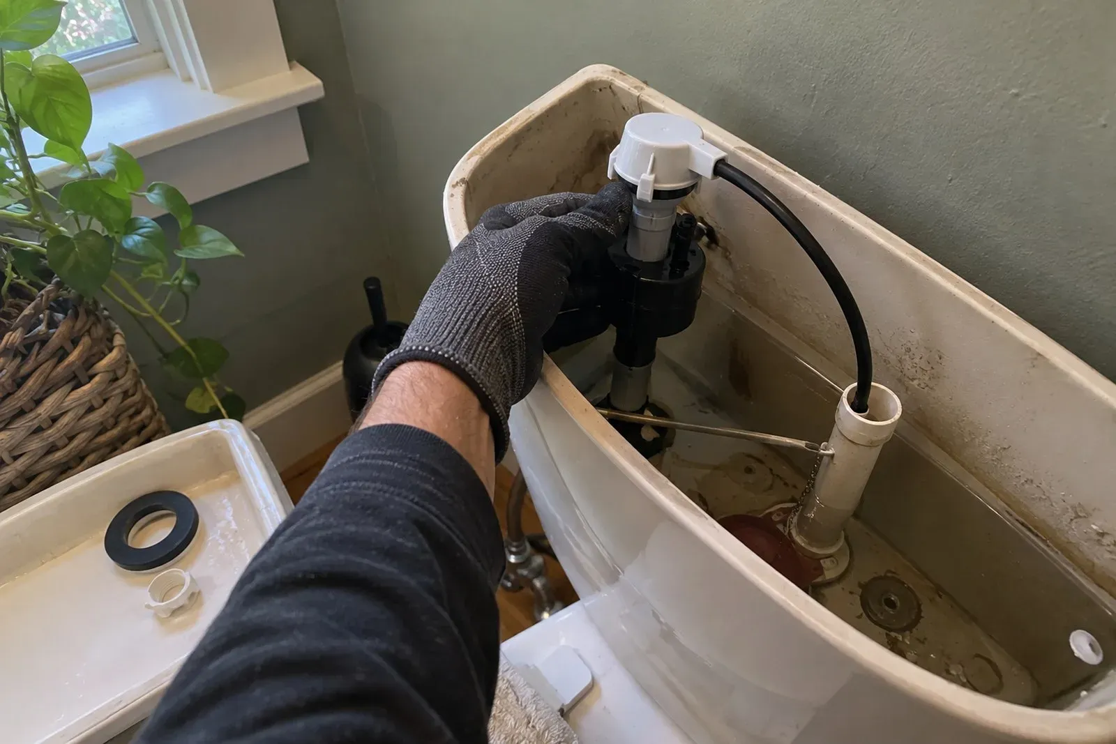 Plumber adjusting the fill valve inside a toilet tank in a Portland home