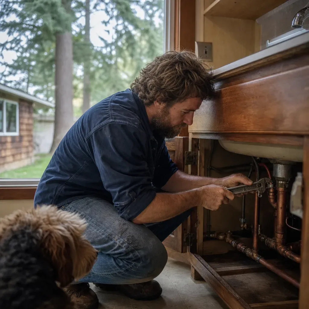 Plumber using a pipe wrench on copper supply lines under a kitchen sink while a dog watches