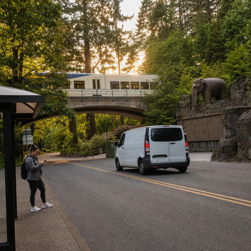 White van driving along a wooded road past an elephant sculpture, with a light rail train crossing a bridge overhead