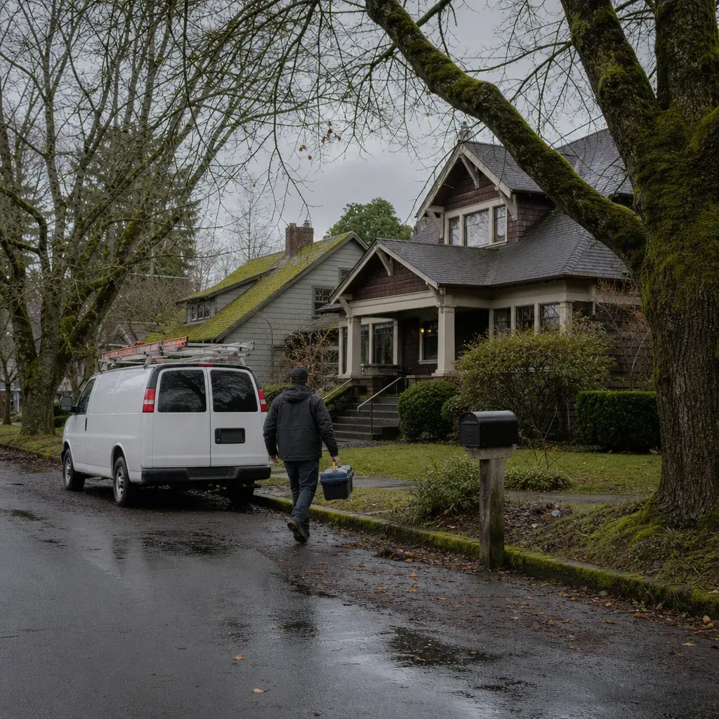 Plumber carrying a toolbox toward a craftsman bungalow on a rainy, tree-lined street, with a white work van at the curb