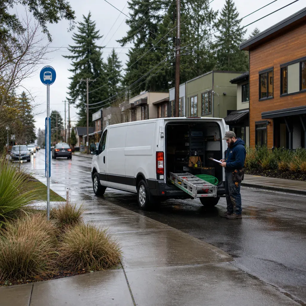 Plumber reviewing a clipboard behind a white work van with its rear doors open on a rainy street