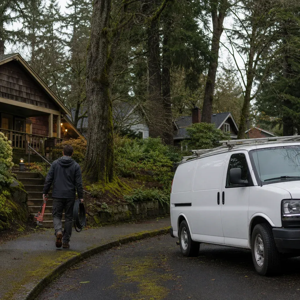 Plumber carrying a pipe wrench and a coil of drain cable toward a hillside craftsman home, with a white work van parked on a tree-lined street
