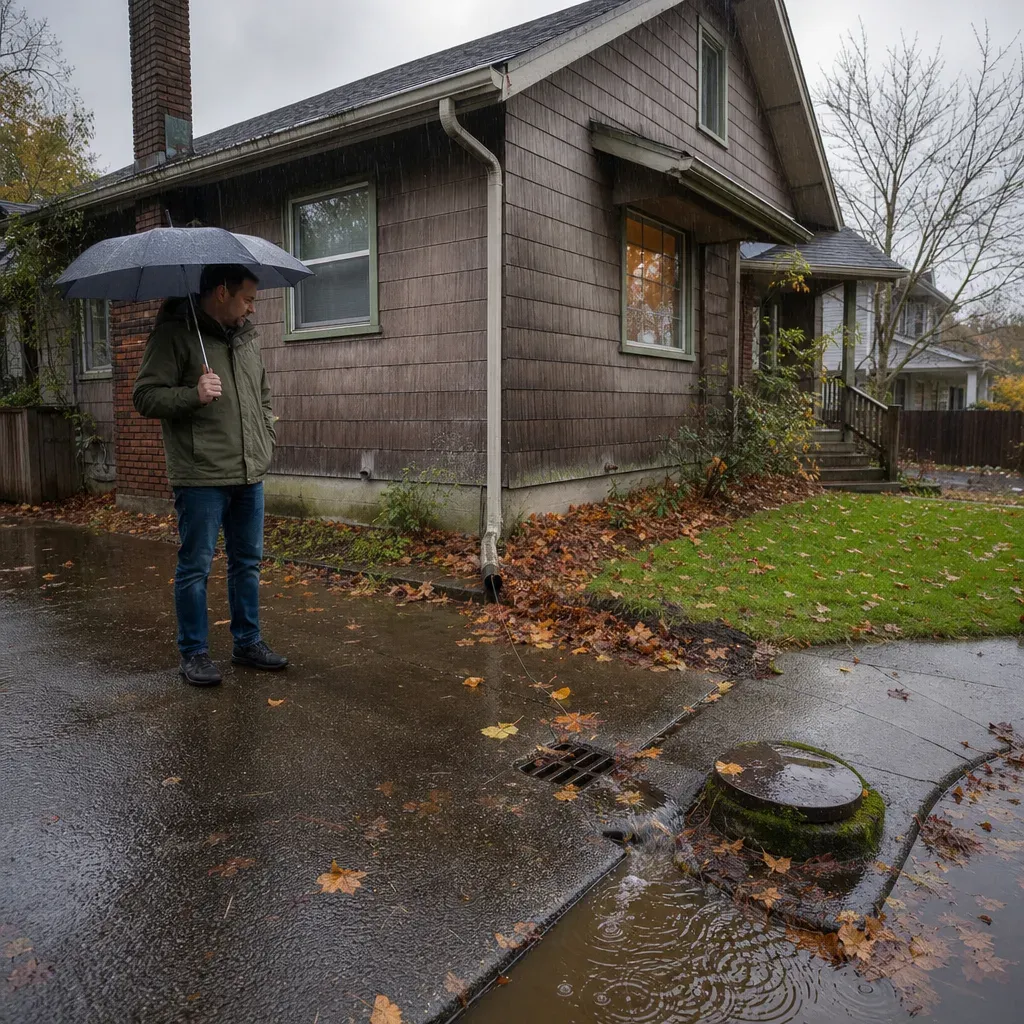 Man with an umbrella looking at rainwater pooling around a street drain and a sewer cleanout outside an older house