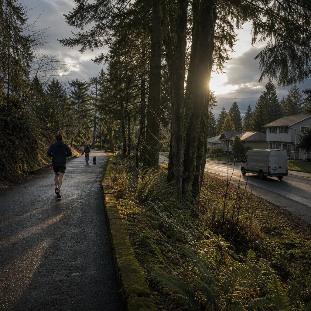 Runner and a dog walker on a tree-lined path at sunset, with a white van passing houses on the road beside it