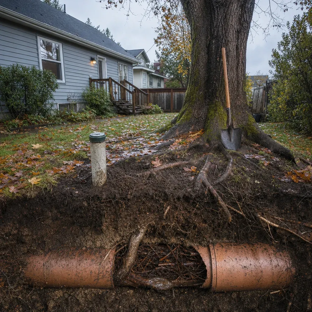 Cutaway of a backyard showing tree roots growing into a buried sewer pipe beneath a large tree