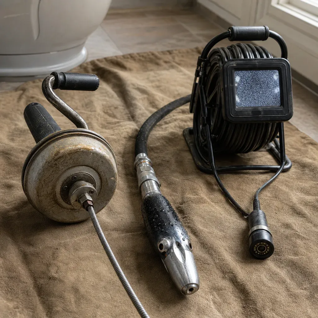 Drain snake, hydro-jetting nozzle, and a sewer inspection camera with monitor laid out on a drop cloth