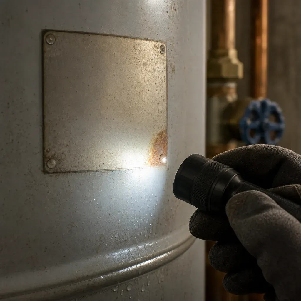 Gloved hand shining a flashlight on a water heater's rust-spotted rating plate beside copper supply pipes
