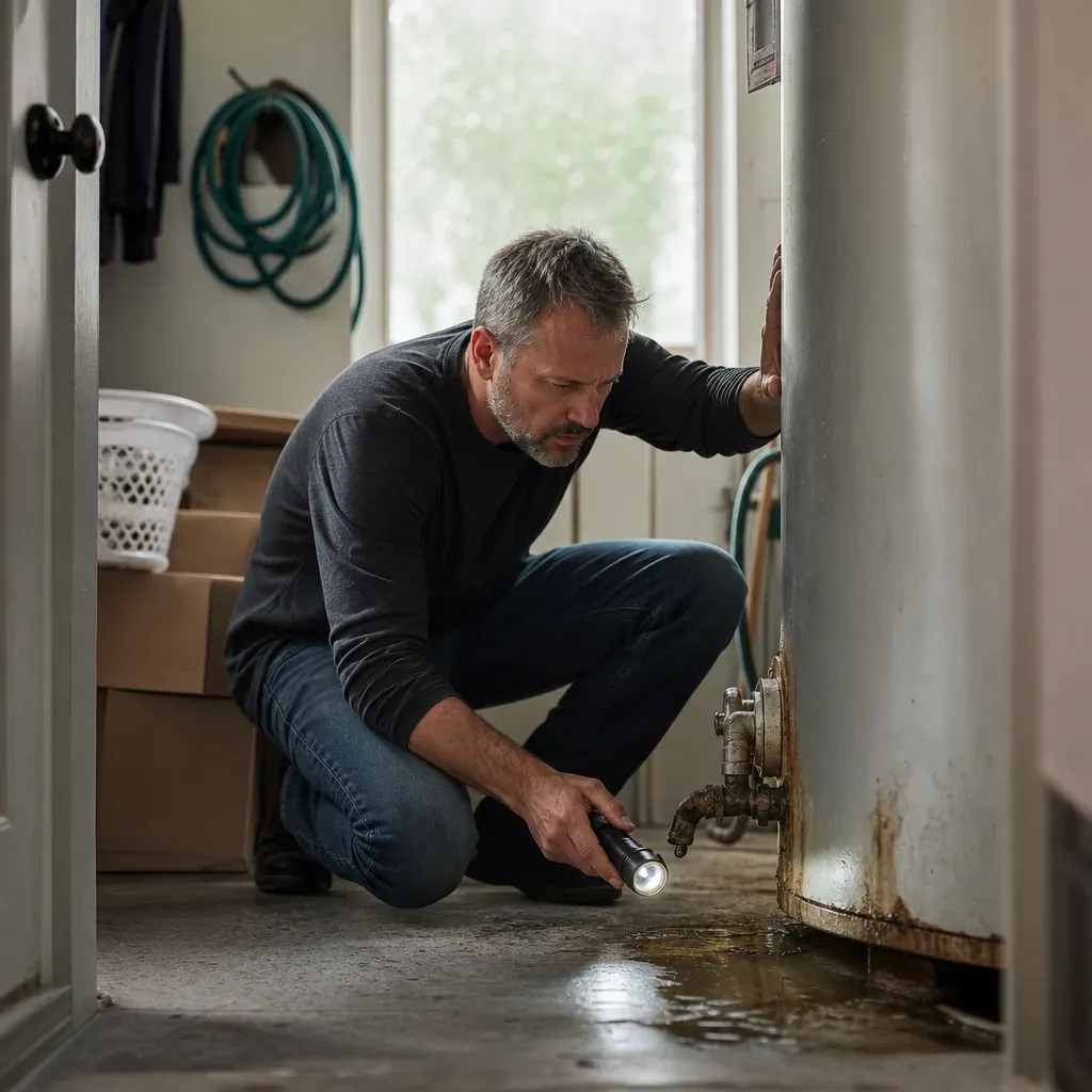 Man kneeling with a flashlight beside a rusted tank water heater with water pooled around its base