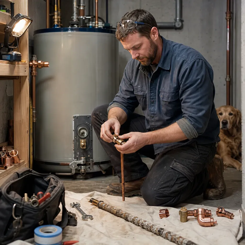Plumber fitting copper pipe beside a tank water heater, with a heavily corroded rod and new fittings laid out on a drop cloth