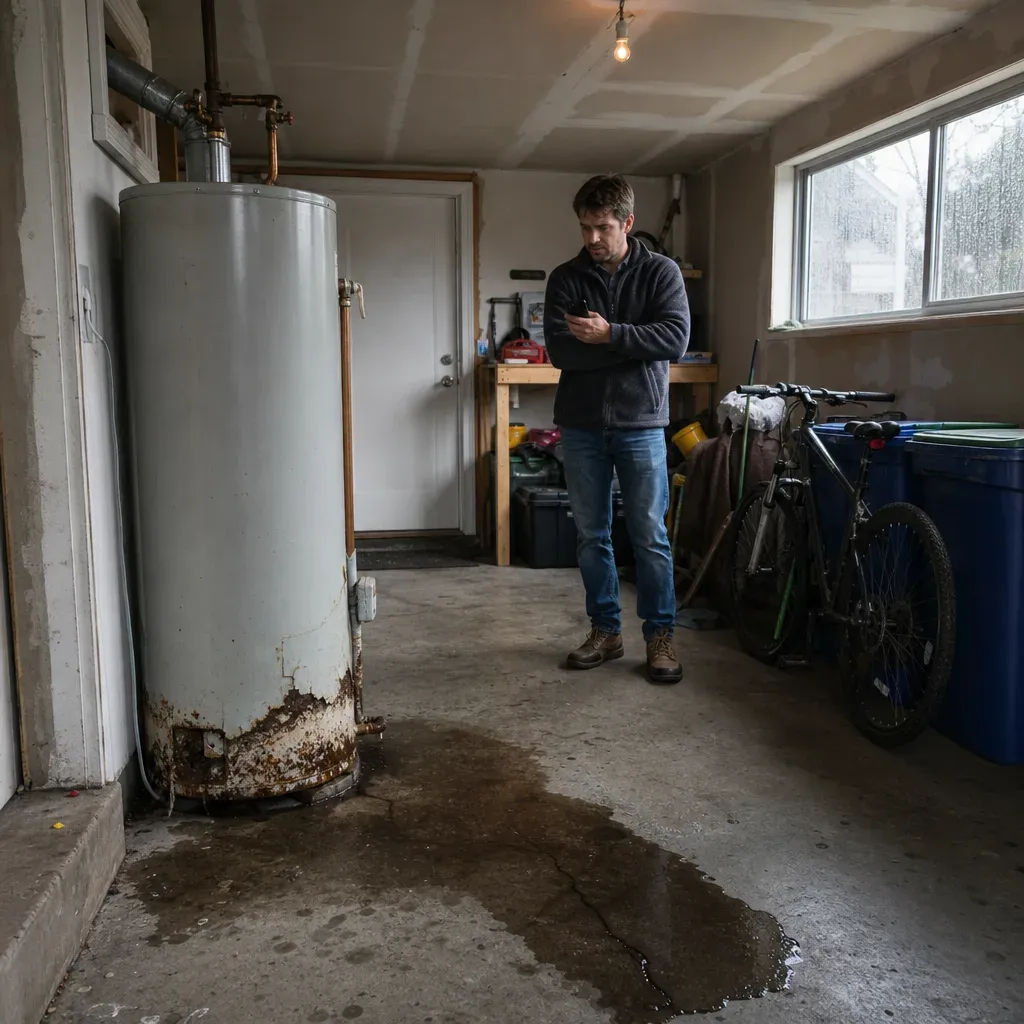 Man looking at his phone in a garage beside a rust-streaked water heater leaking a large puddle across the floor