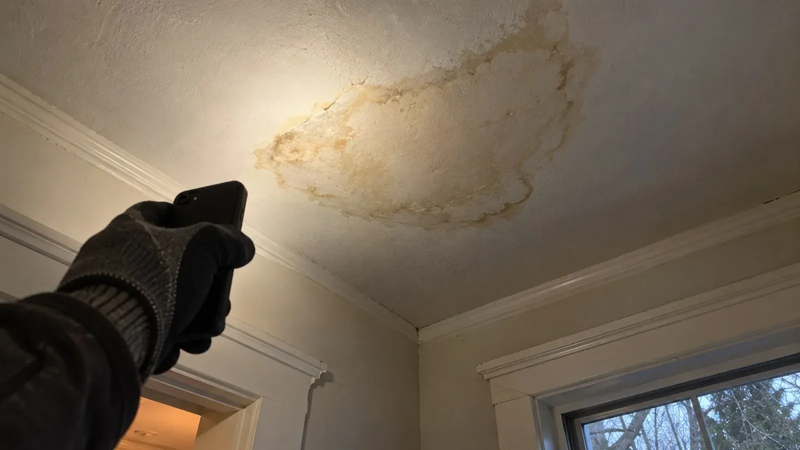 Gloved hand pointing at a water stain spreading across a ceiling from a hidden leak