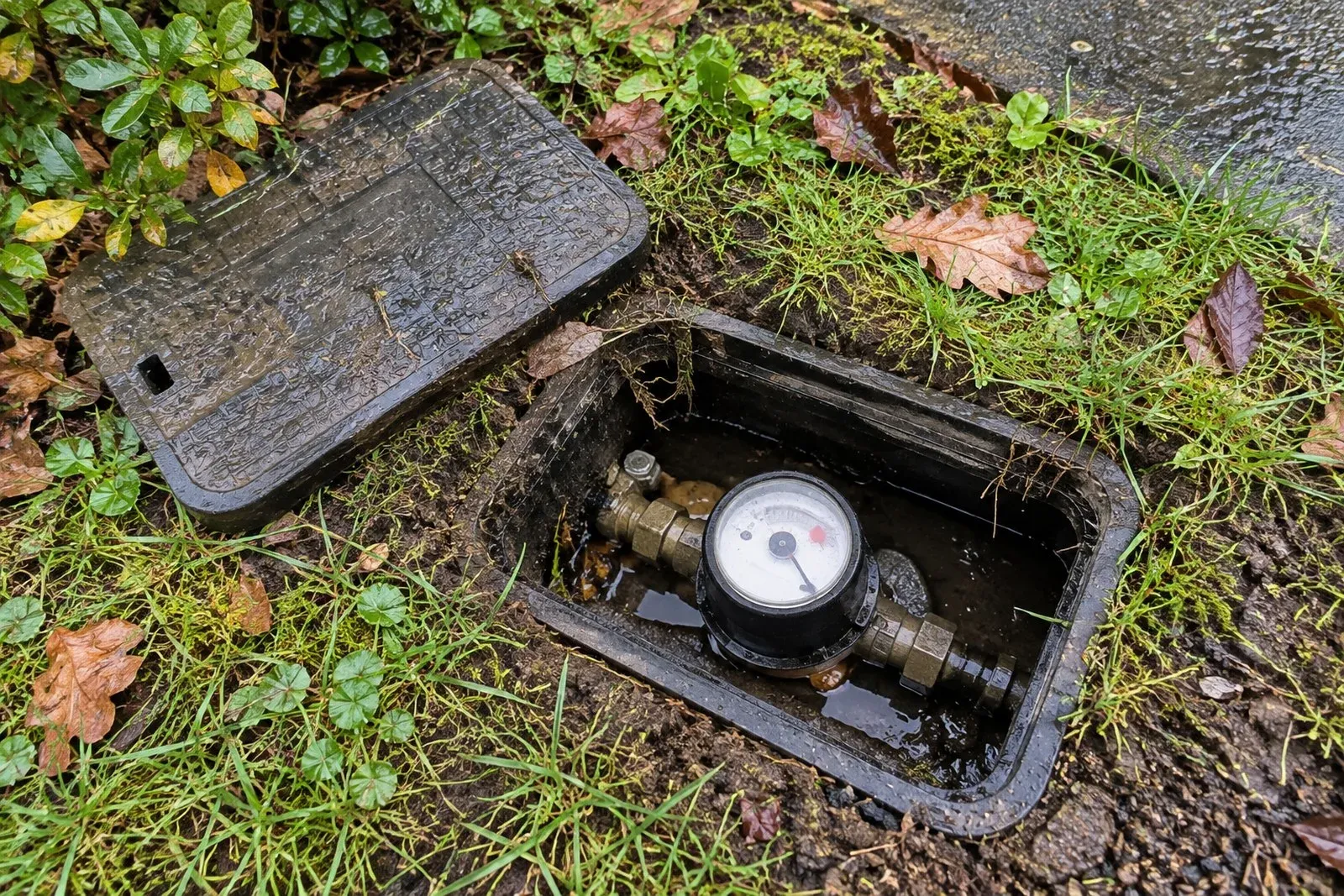 Open water meter box in a Portland yard showing the meter and leak indicator dial