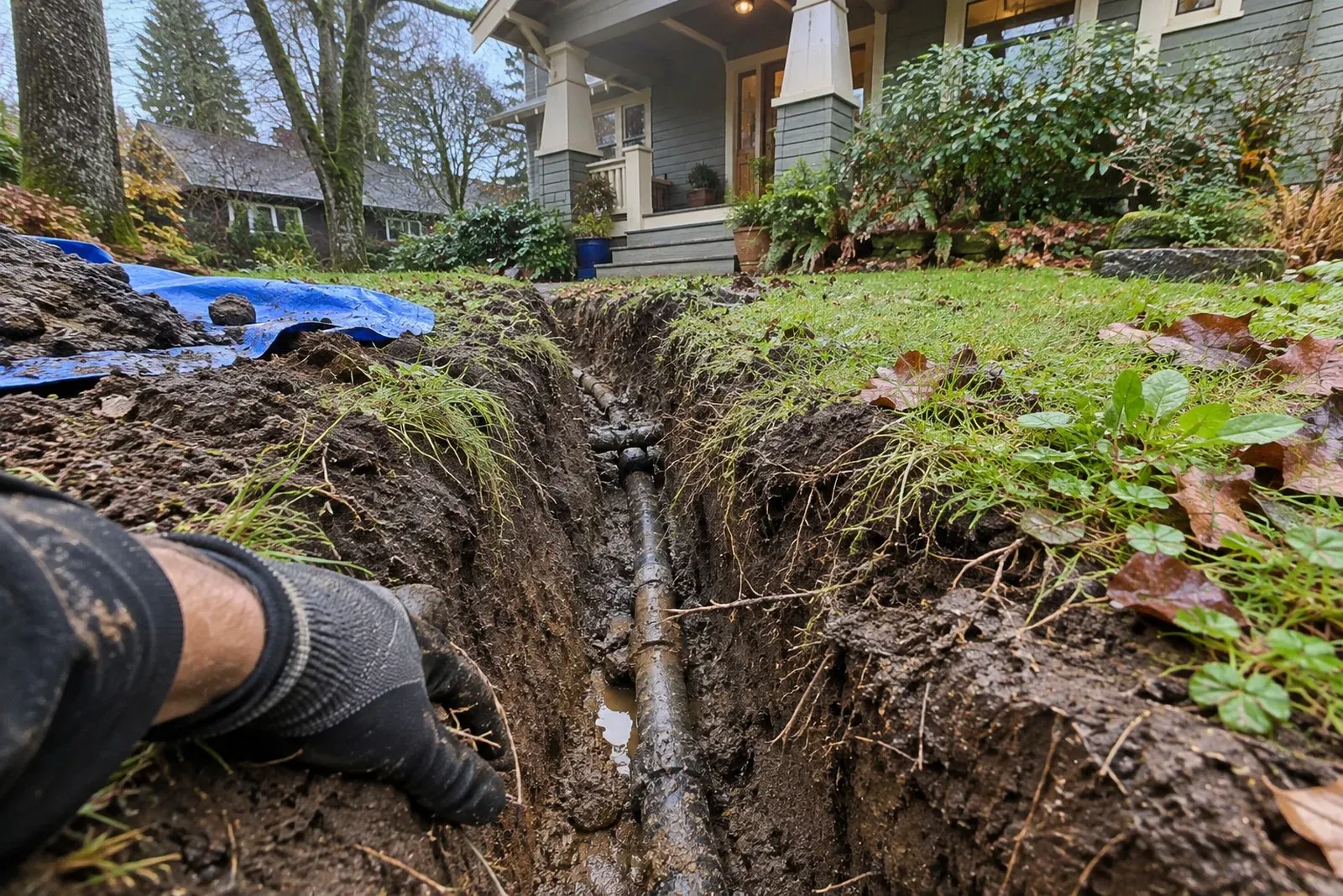 Plumber digging a trench to expose a leaking buried water service line in a Portland yard