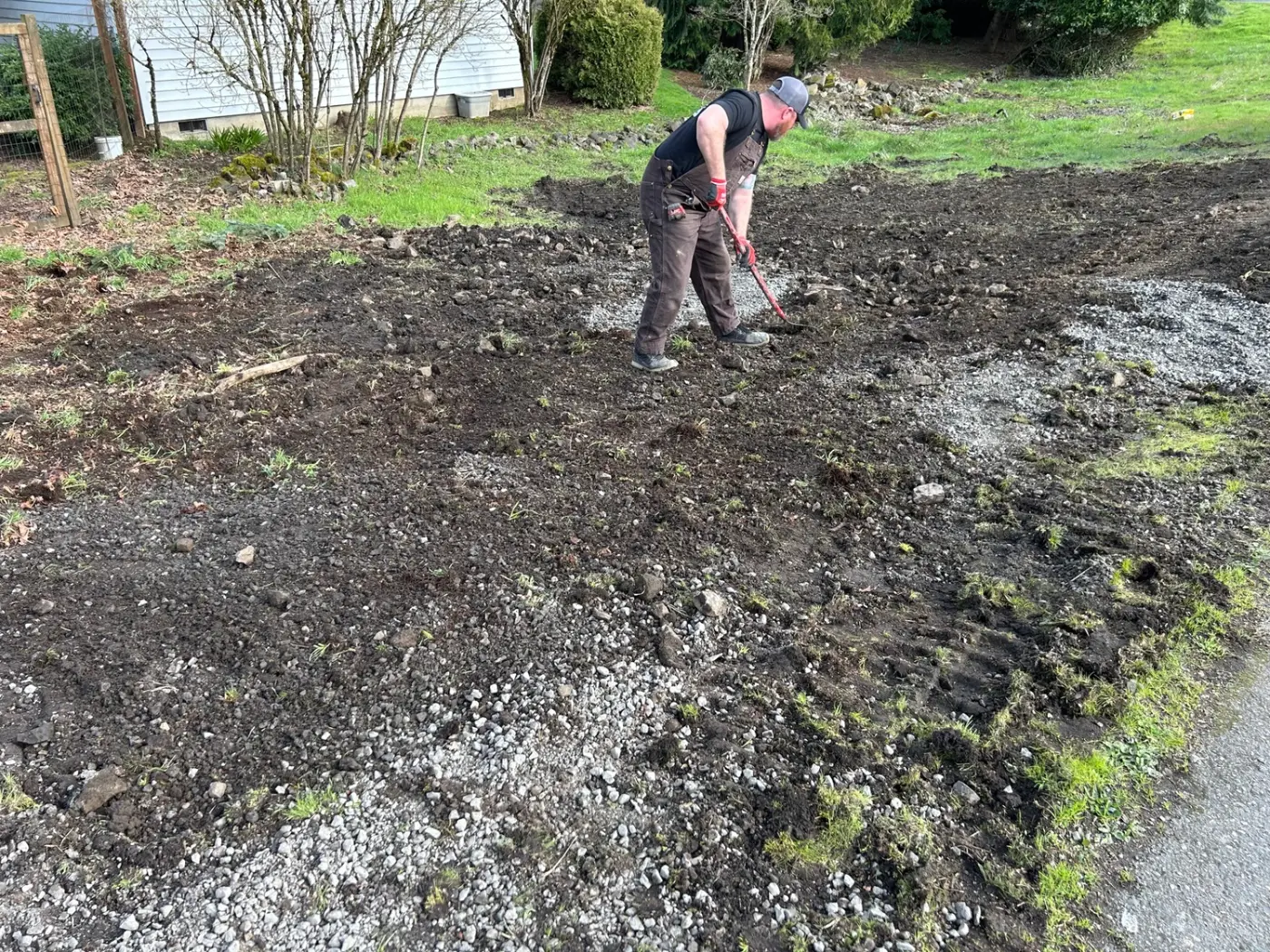 Driveway and yard restoration after a residential sewer line replacement by Wild Pine Plumbing in Columbia County, Oregon