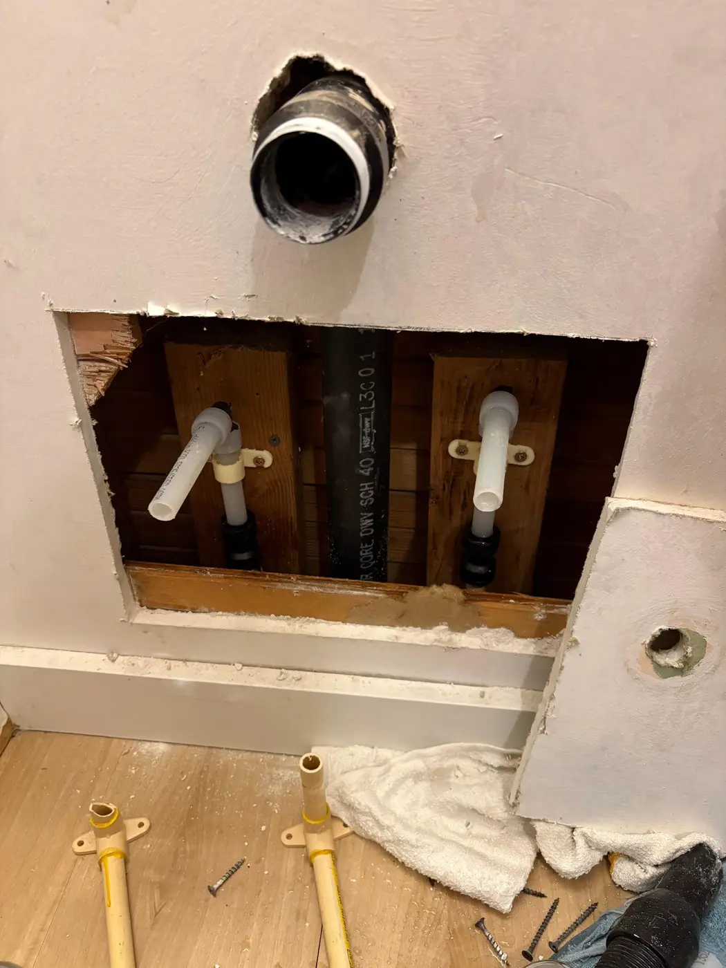 Open-wall PEX supply lines and ABS drain stack inspected by Wild Pine Plumbing in St Helens, OR