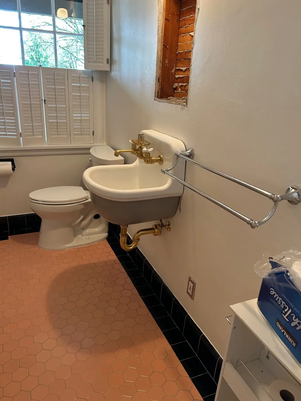 Vintage wall-hung cast iron sink with polished brass faucet and P-trap restored by Wild Pine Plumbing in Portland, Oregon
