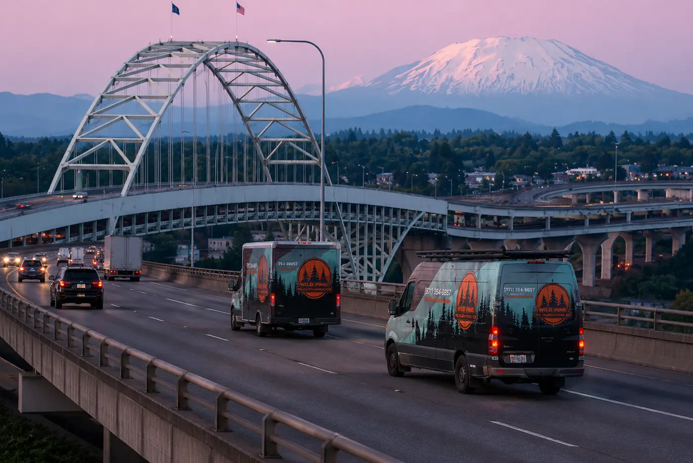 Wild Pine Plumbing Sprinter van and box truck crossing the Fremont Bridge with Mt St Helens at sunset near Portland, Oregon