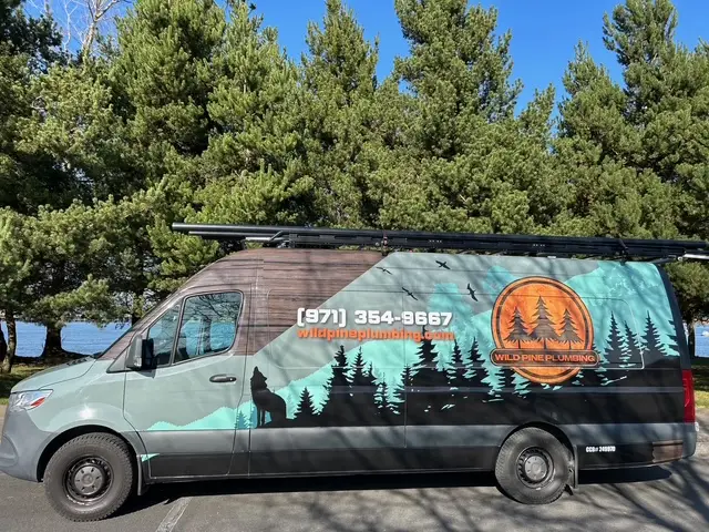Wild Pine Plumbing wrapped Sprinter van side panel showing the wolf and pine forest mural in St Helens, Oregon