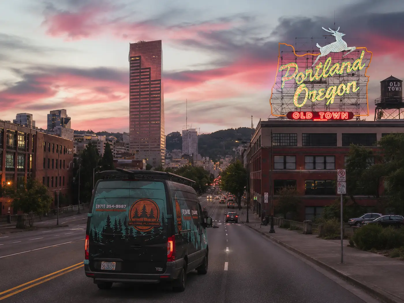 Wild Pine Plumbing Sprinter van driving past the Portland Oregon Old Town sign at sunset in downtown Portland