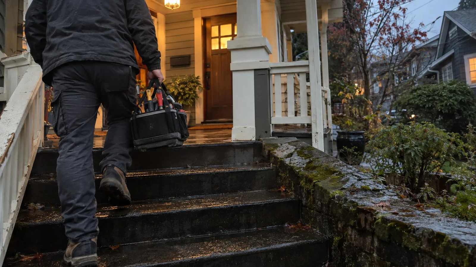 Wild Pine Plumbing emergency plumber shutting off a burst pipe in a Portland home at night