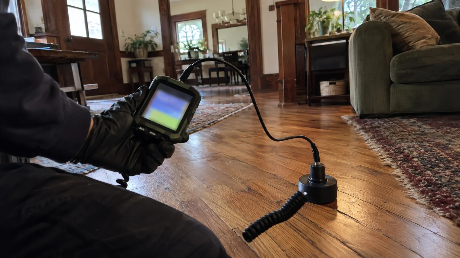 Wild Pine Plumbing technician using a moisture meter on the hardwood floor of a Portland home