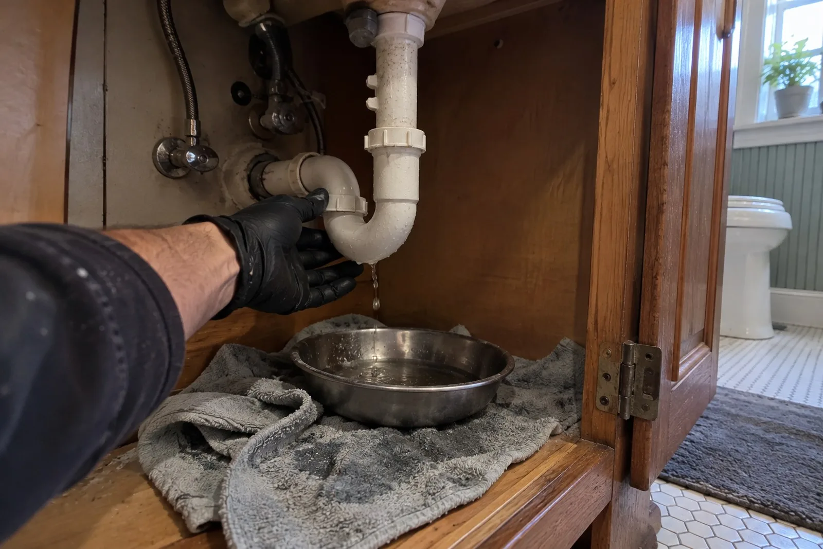 Water pooling in a kitchen sink cabinet under a loose drain trap, a visible leak that needs repair
