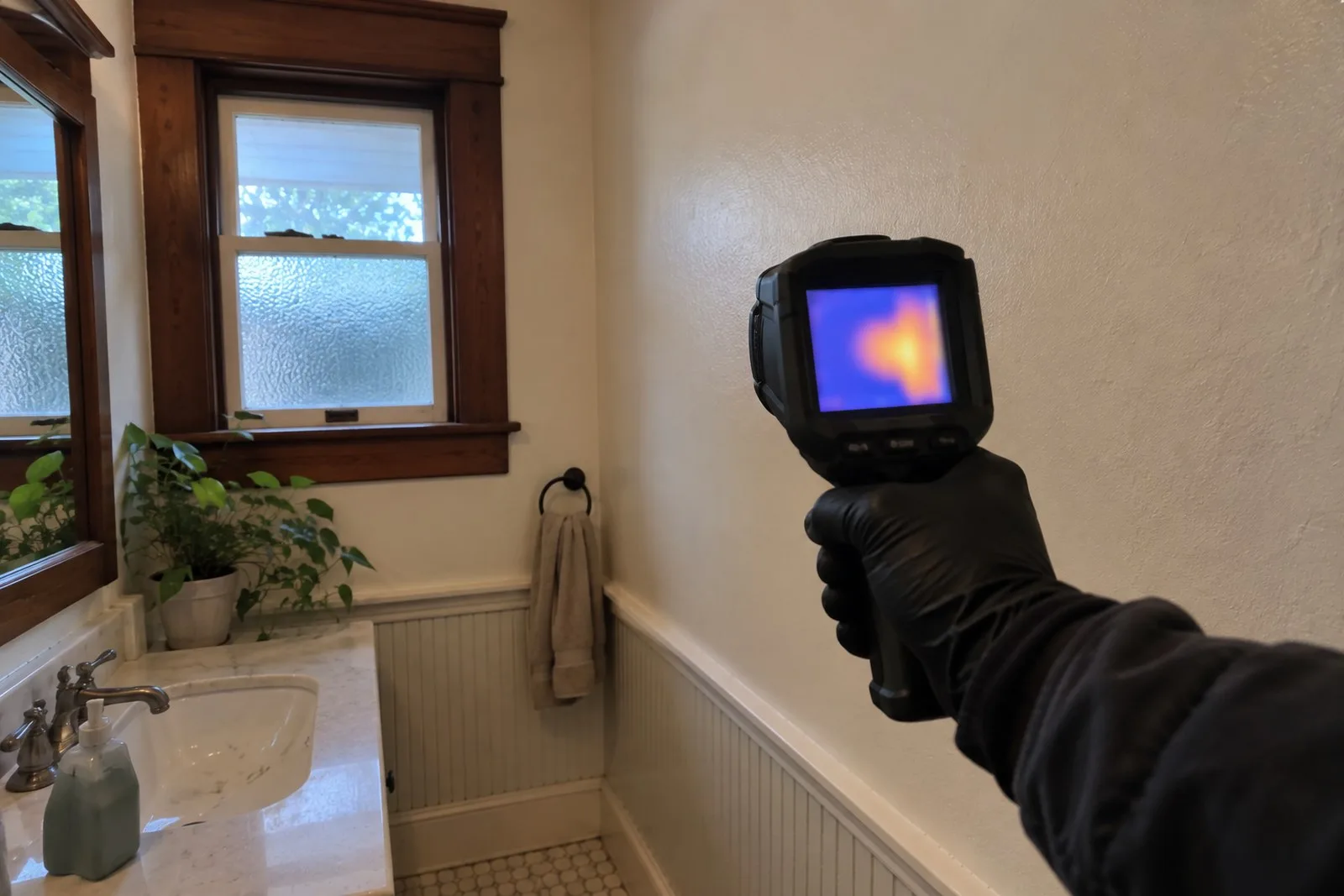 Plumber scanning drywall with a thermal camera to pinpoint a hidden hot-water leak