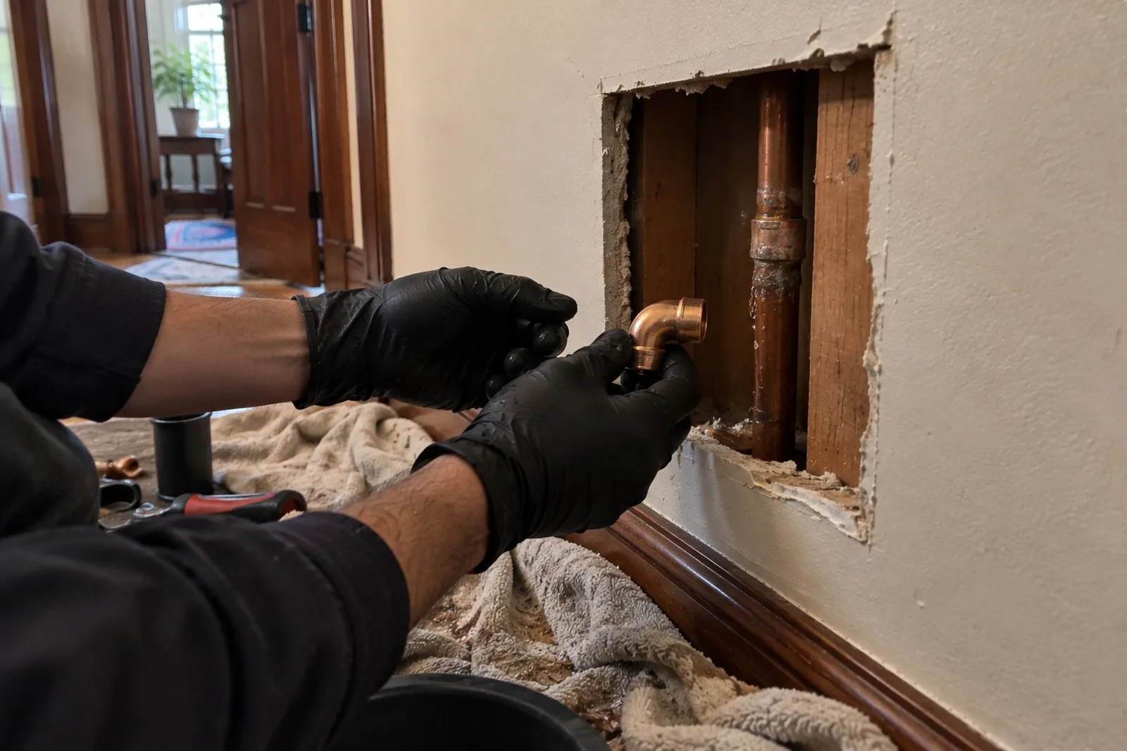Plumber replacing a short damaged section of copper pipe through a small wall opening