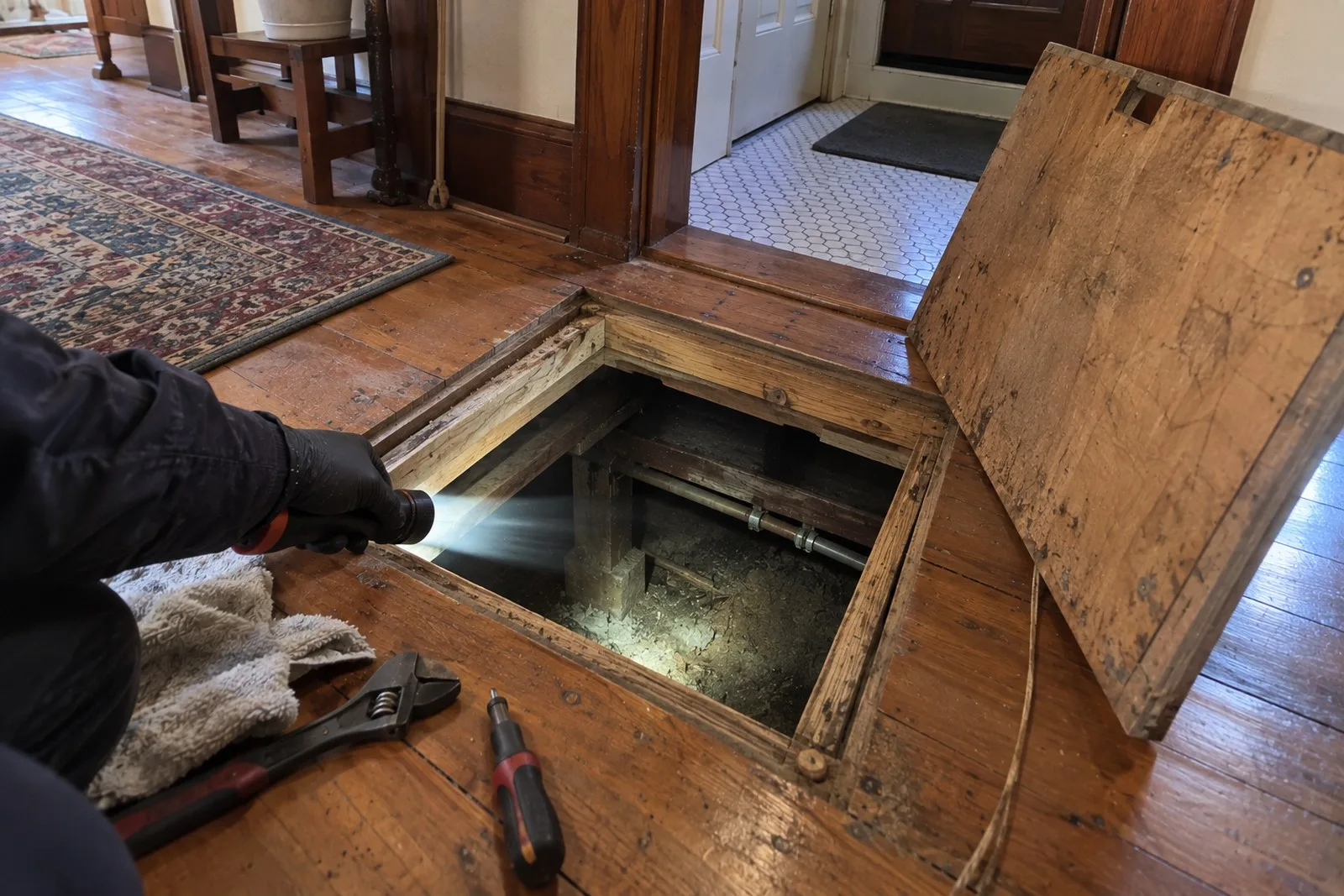 Plumber opening a floor hatch to inspect pipes in the crawlspace of a Portland home