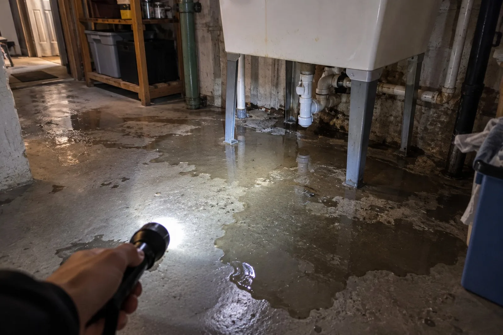 Portland homeowner checking a ceiling water stain to decide if it is a plumbing emergency