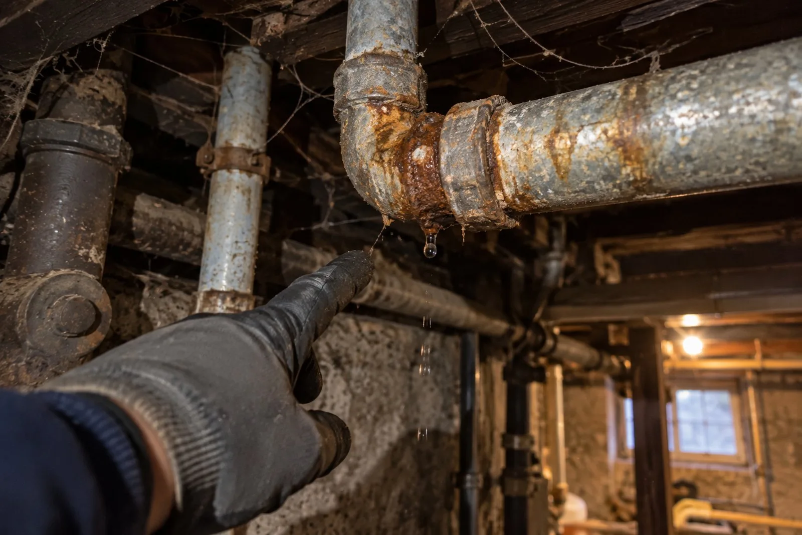 Root-intruded clay sewer pipe and rusted galvanized water line from an older Portland home